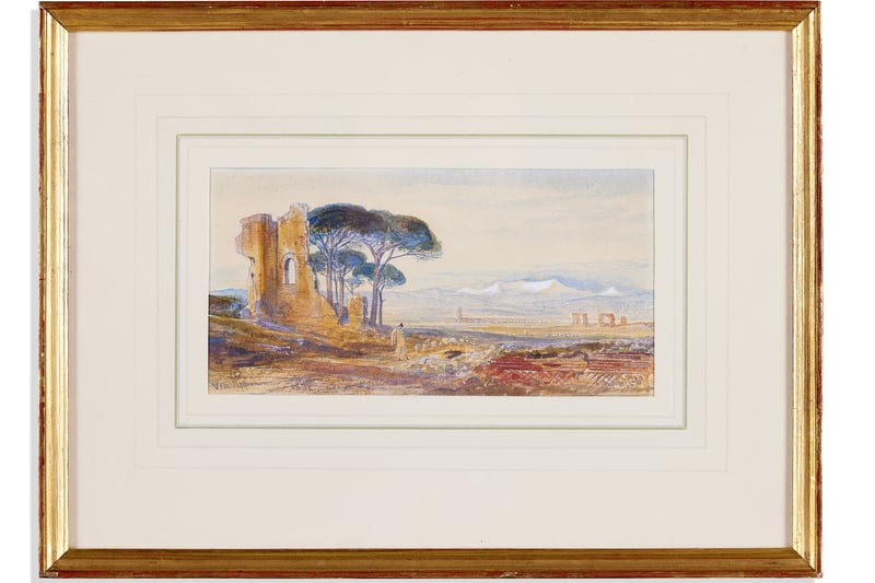 This watercolour titled The Via Appia in the Roman Campagna is by the great British painter, draughtsman and writer, Edward Lear (1812-1888) and captures the first and most important of the roads built by the ancient Romans, known as Via Appia.