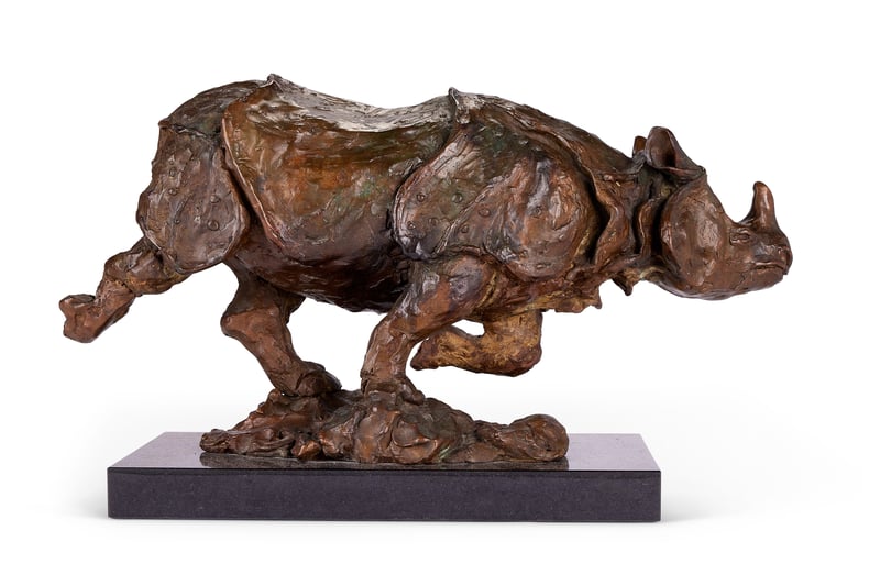This bronze work, 'Asian Rhino' was created by Annette ‘Nettie’ Lynton Mason, the actress and producer who is married to Nick Mason, the drummer and founding member of Pink Floyd