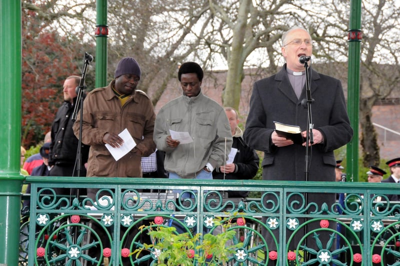 The Rev David Hands speaks to the crowd at the Songs Of Praise open-air rally in Mowbray Park.
