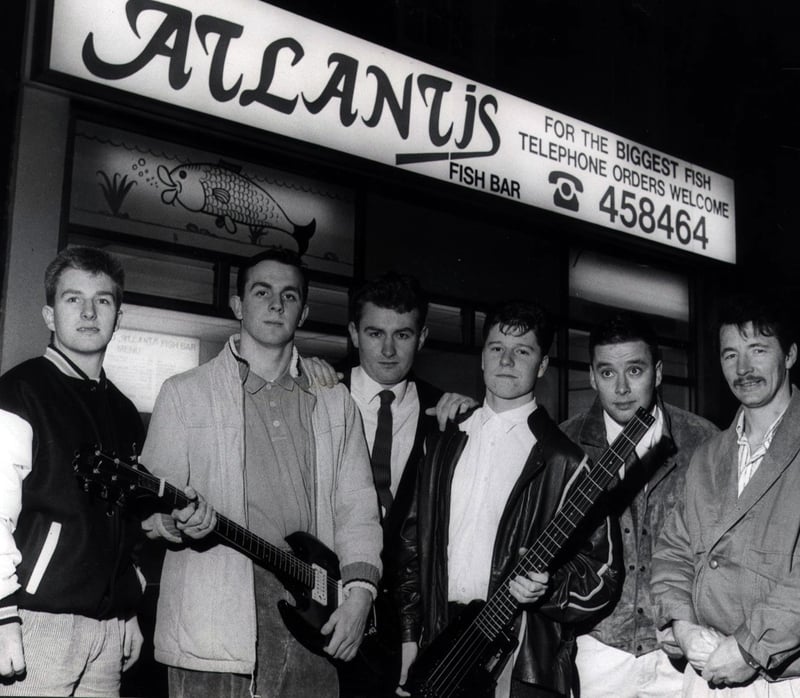 The Sheffield pop group Eat, Don't Hula pictured outside Atlantis Fish Bar in December 1987