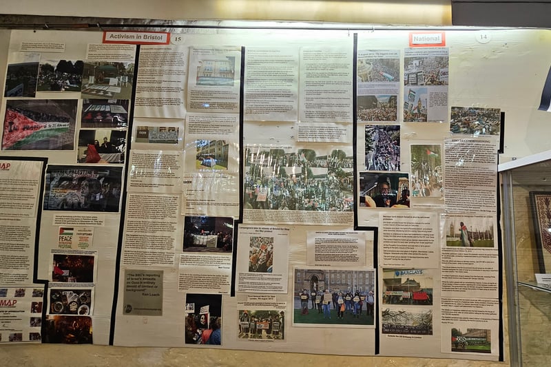 The display on activism includes a section on activism in Bristol including information on the Peace in Palestine Festival.
