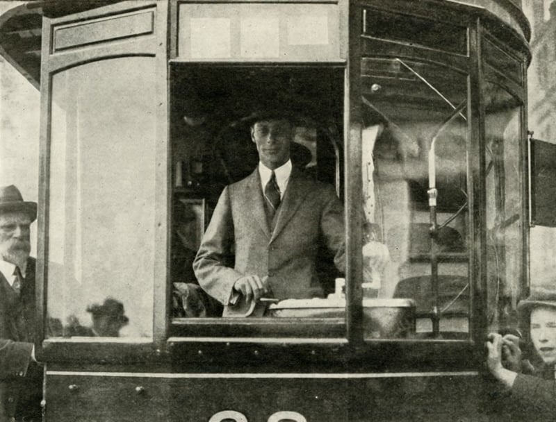 His Royal Highness George VI rides a tram through Glasgow in 1937 after opening a new recreation ground.