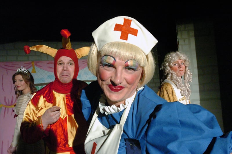The 2012 Royalty Theatre pantomime was Sleeping Beauty. 
Here are the stars of the show, left to right; Princess Aurora played by Jenny Wemyss, Tickles played by Andrew Barella, Dame Goodbody played by Lee Stewart, and Lord Chamberlain Fusspot played by Robert Cockburn.