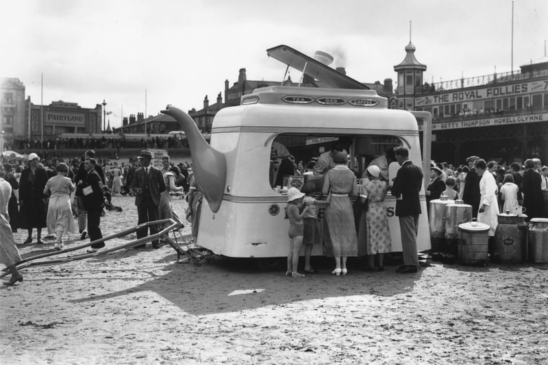 15th August 1934:  A novel teabar in the shape of a teapot on Blackpool Beach
