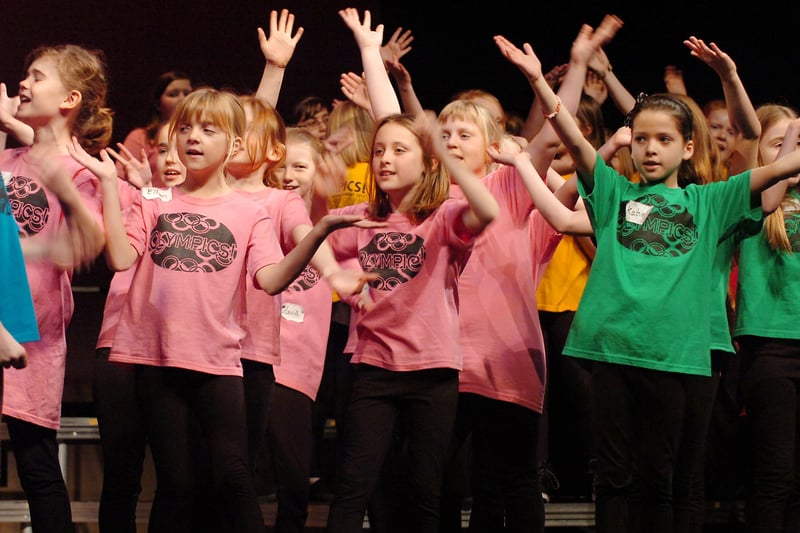 Girls from schools across County Durham preparing for their first performance of "Olympics" at the Gala Theatre in Durham in 2012.