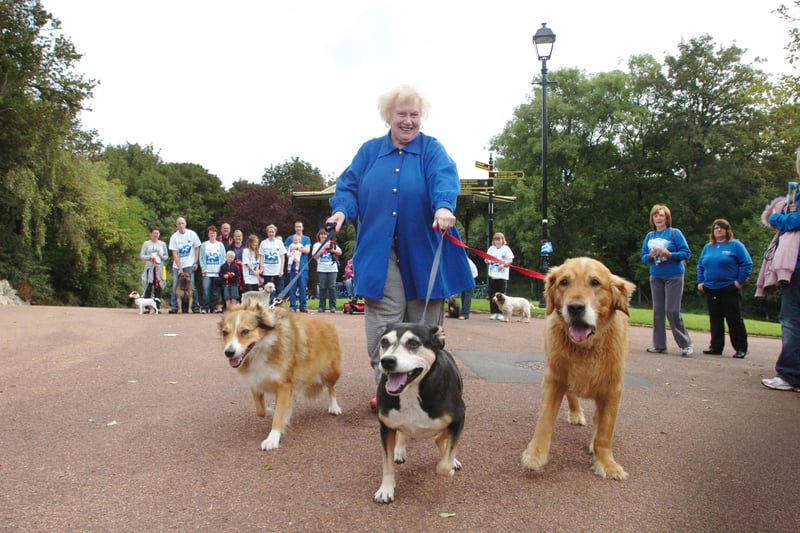 TV agony aunt Denise Robertson, pictured with her three dogs, started the PDSA sponsored dog walk in Roker Park in 2009.