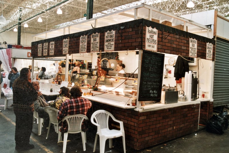 Rhodes Cafe at the bottom of the interior market. It was sometimes known as the Pie'n' Peas stall, but sold a large range of light meals and snacks. Pictured in September 1999.