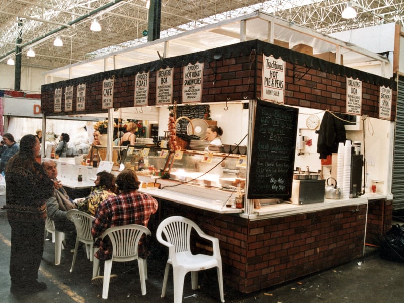 Rhodes Cafe at the bottom of the interior market. It was sometimes known as the Pie'n' Peas stall, but sold a large range of light meals and snacks. Pictured in September 1999.