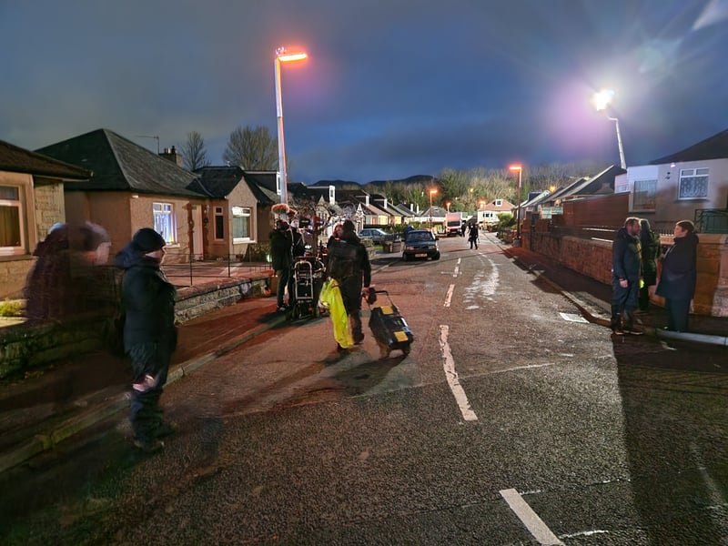 The film crew prepares the Longstone street for an evening shoot.