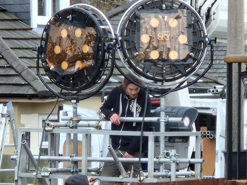 Peatville Terrace was lit up by these large film lights ahead of evening filming in Longstone.