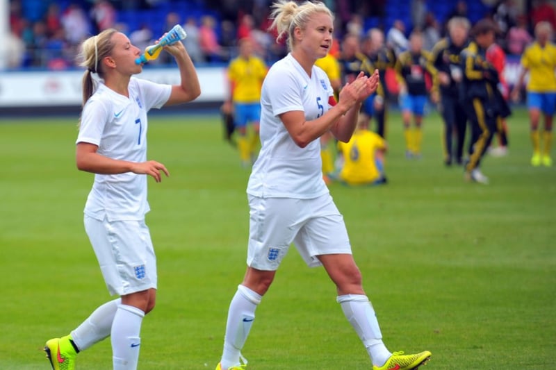 Jordan Nobbs and Steph Houghton applaud the fans in Victoria Park, Hartlepool, at the final whistle of England's international 4-0 friendly win against Sweden.