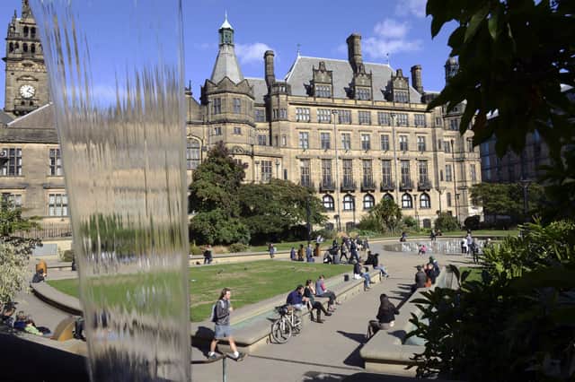 Sheffield Town Hall and the Peace Gardens outside