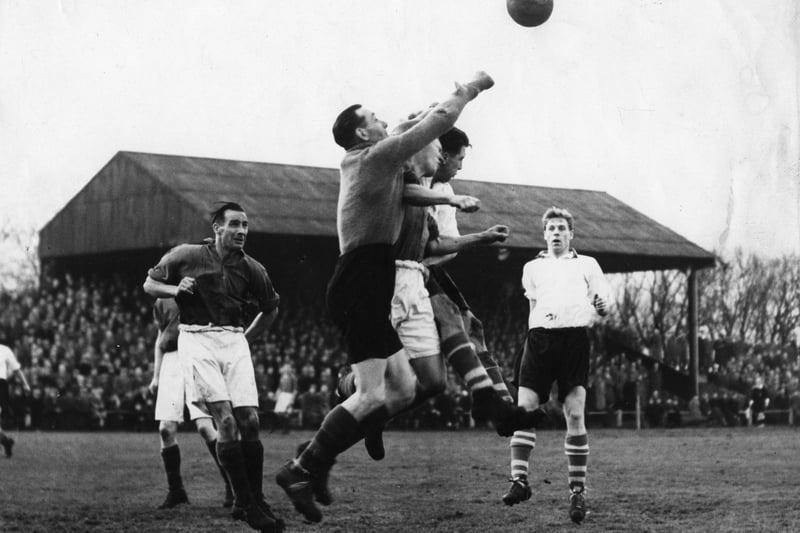 South Shields AFC in action in an April 1955 match before a packed crowd at Simonside