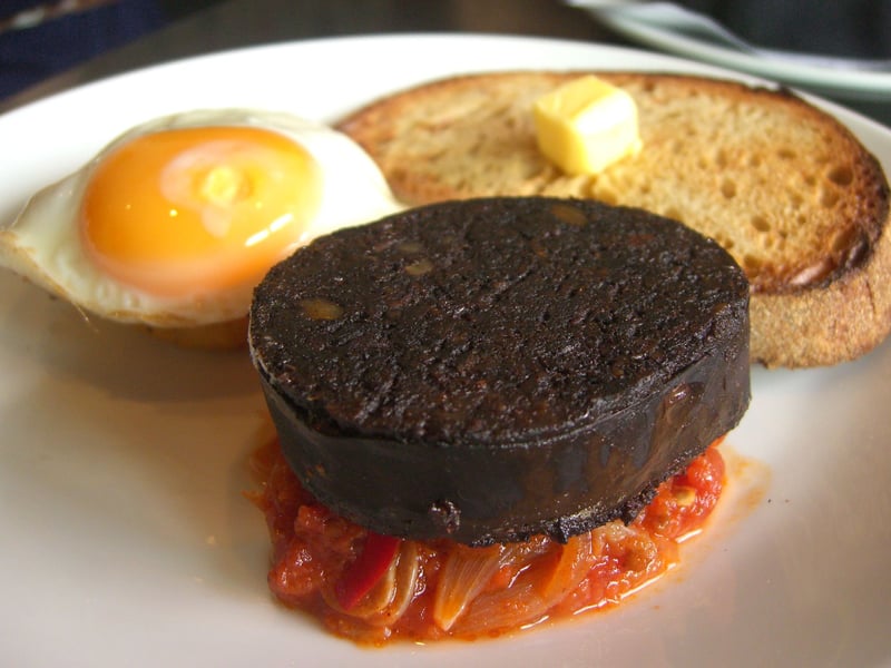 Black pudding, a sausage incorporating blood, is typically eaten as a breakfast food. It is considered a particular delicacy in Lancashire.