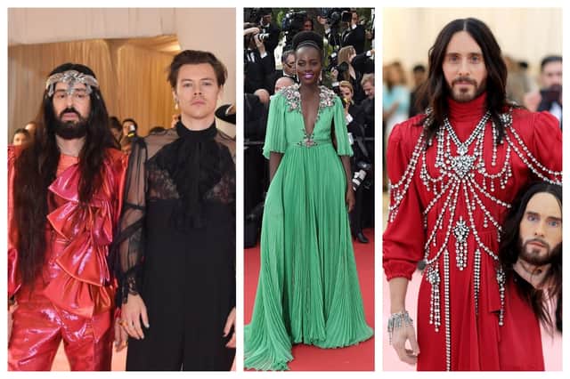 Harry Styles with Alessandro Michele at the Met Gala, Lupita Nyong' o in Gucci at the Cannes Film Festival in May 2015 and Jared Leto at the 2019 Met Gala 