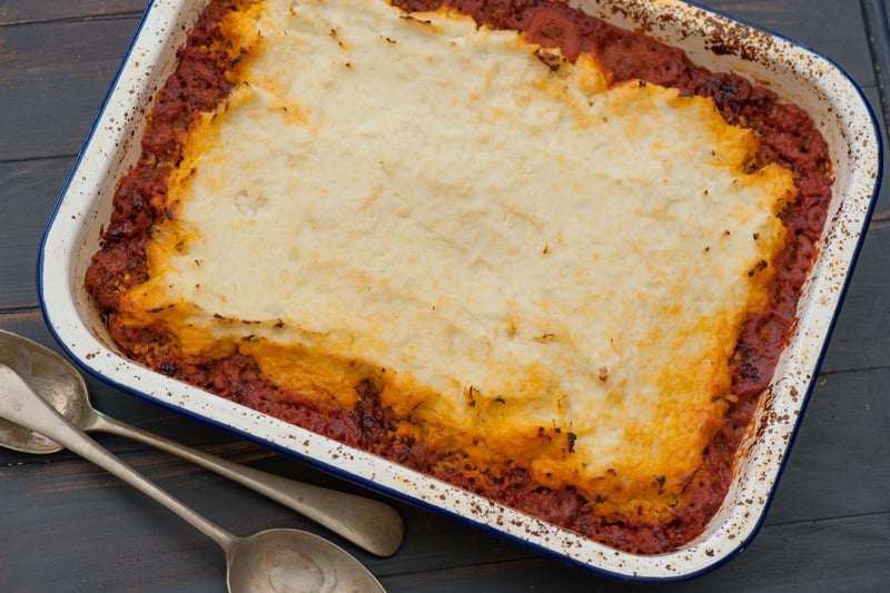 Shepherd's pie is a savoury dish of cooked minced meat topped with mashed potato and baked.