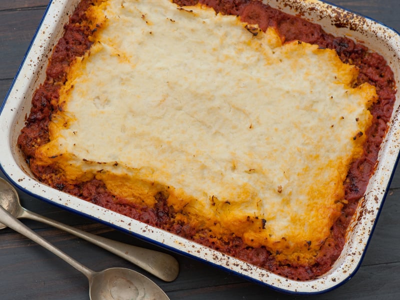 Shepherd's pie is a savoury dish of cooked minced meat topped with mashed potato and baked.