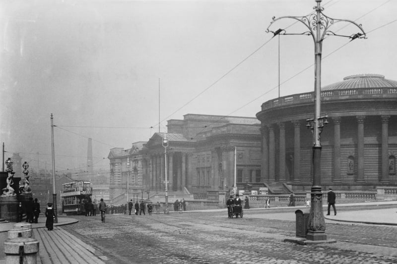 A view down William Brown Street in 1900 as a tram travels past the Picton Reading Room, the William Brown Library and Museum (now World Museum Liverpool)
