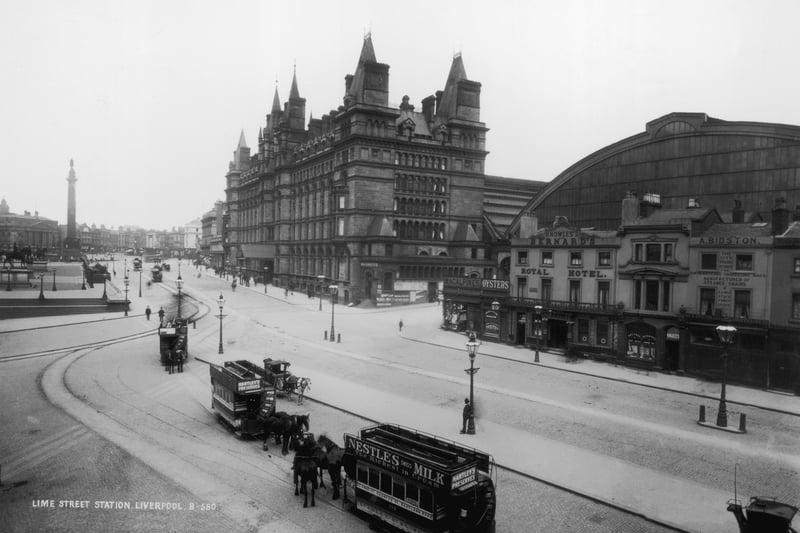 Horse drawn trams outside Lime Street railway station.