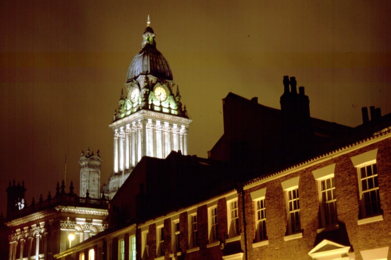 Evening view of the Town Hall taken, most likely, from the upper floor of a building in Park Square North. Georgian buildings in Park Square East can be seen in the foreground.