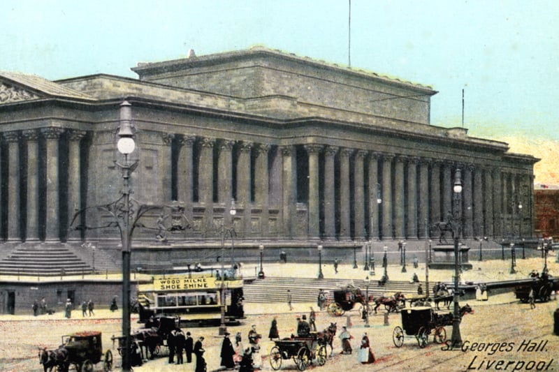 A tram outside St George's Hall in the late 19th century.