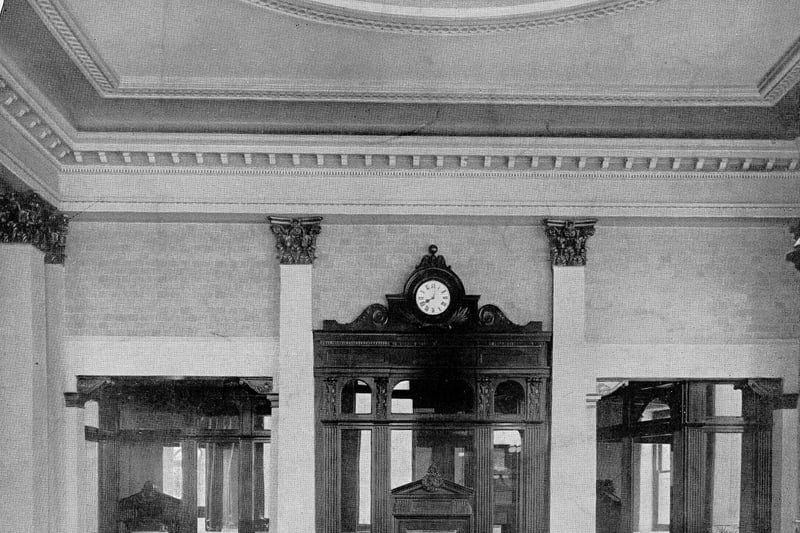  Interior of the headquarters of the Yorkshire Banking Company shortly after its opening in June 1899. The interior walls were decorated with pale turquoise egg shell glazed tiles with a Numidian marble dado.