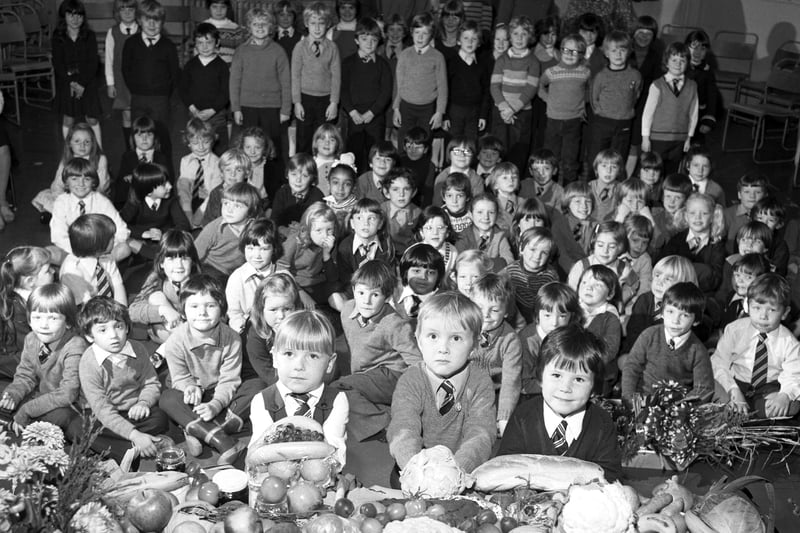 Children from Abbeyhill primary school in Edinburgh hold their harvest thanksgiving service - or harvest festival - in October 1979.