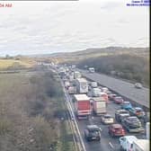 Queueing traffic on the M1 this morning after a fire closed several lanes near Sheffield and Chesterfield near junction 29