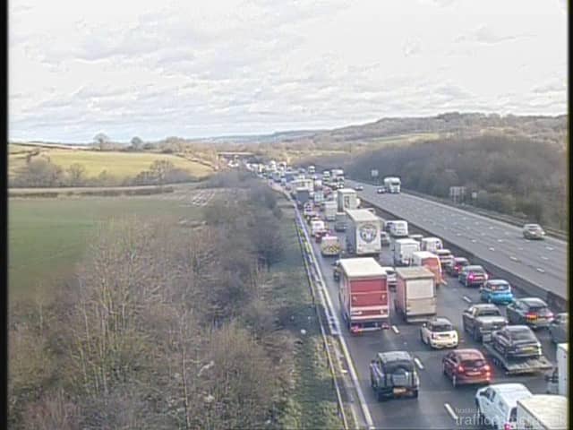 Queueing traffic on the M1 this morning after a fire closed several lanes near Sheffield and Chesterfield near junction 29