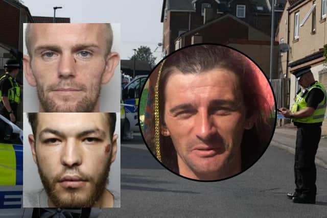 Daniel Cheetham (bottom left) and Liam Shaw (top left) did not say a word as Judge Sarah Wright jailed them during a hearing held this morning (Thursday, March 28, 2024) for killing Carl Dixon (right), during an incident at a property on George Street, Worsbrough, Barnsley, on Tuesday, September 5, 2023. 