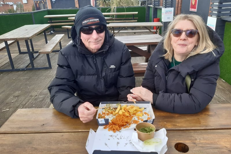 Greg Kirkland travelled from Derbyshire to enjoy fish and chips with his partner Julie Thompson.