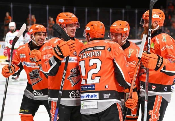 Sheffield Steelers celebrate their 4-0 victory against Cardiff Devils on March 30 at the Utilita Arena. It comes after Cardiff themselves beat Sheffield 4-0 just 10 days earlier. Photo by Dean Woolley.