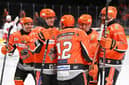 Sheffield Steelers celebrate their 4-0 victory against Cardiff Devils on March 30 at the Utilita Arena. It comes after Cardiff themselves beat Sheffield 4-0 just 10 days earlier. Photo by Dean Woolley.