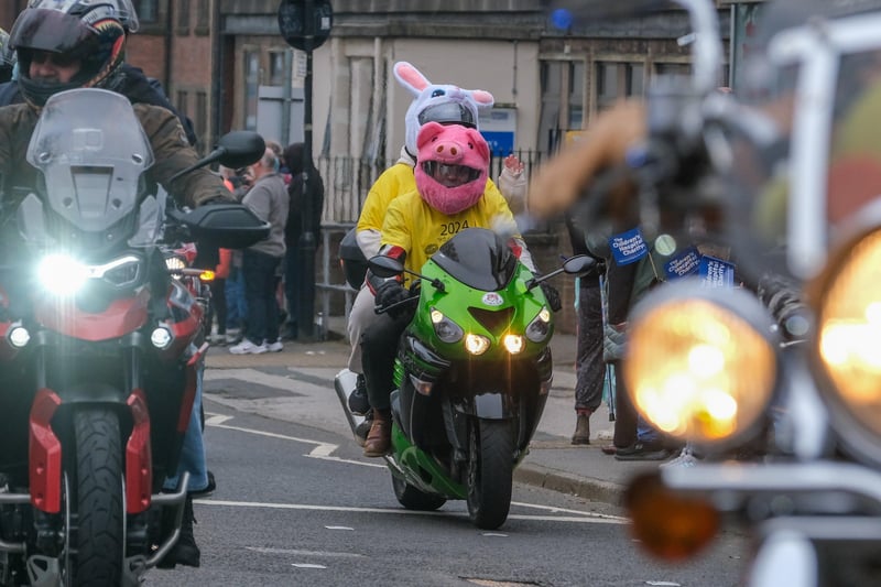 Many motorcyclists take the chance to done bright and colour costumes over their leathers as well as Sheffield Children's Hospital charity t-shirts.