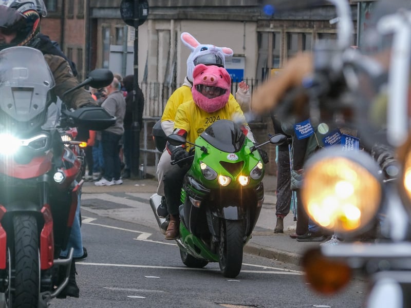 Many motorcyclists take the chance to done bright and colour costumes over their leathers as well as Sheffield Children's Hospital charity t-shirts.