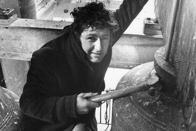 Bob Rutherford was pictured repairing the town hall bells in April 1977.