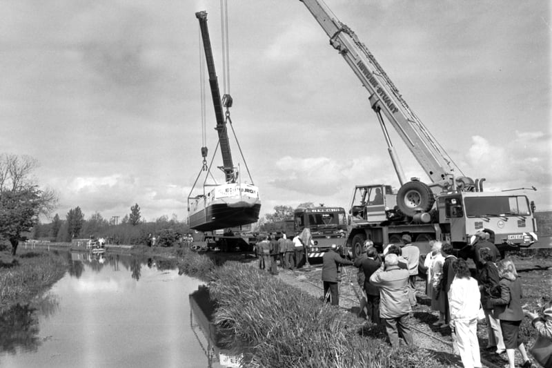 The launch of the Countess of Edinburgh narrow boat on the Union Canal in May 1987.