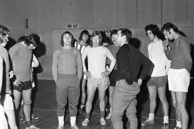 Sunderland players took part in a final workout at Washington New Town gym before leaving for Derbyshire to prepare for the FA Cup semi final in 1973.