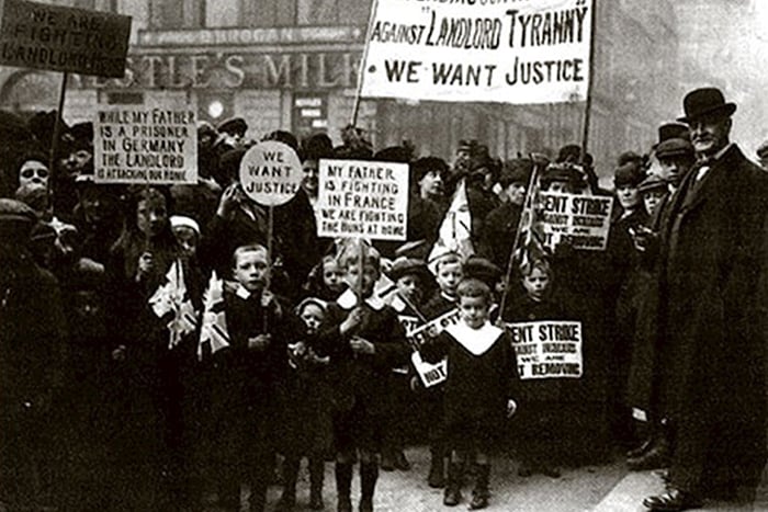 The very beginnings of Red Clydeside can be traced to the Great War, in which working class Glaswegians began to seriously question who and why they were fighting - only to return to slum conditions at home. These signs, pictured at a protest prior to the Battle of George Square, should give an indication as to why working class Glaswegians were turning to socialism and communism.