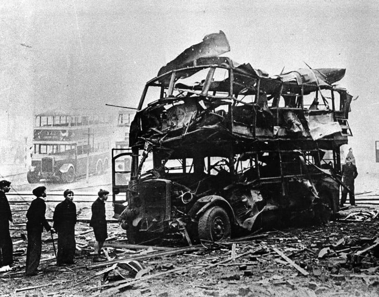 The wreckage of a bus damaged during the Sheffield Blitz