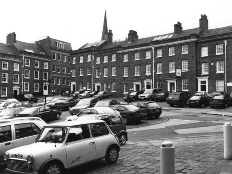 Cars on Paradise Square, Sheffield city city centre, in April 1997