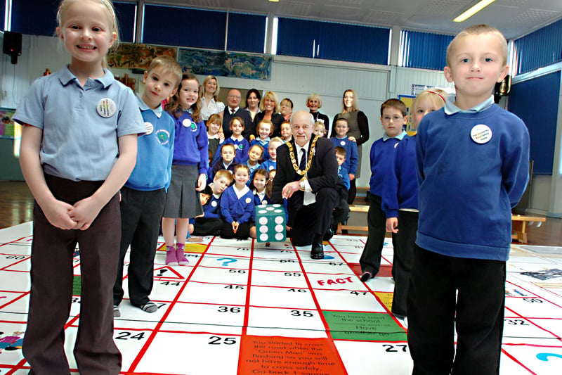 Sunderland Mayor Dennis Richardson threw the dice to start a road safety game at the school in November 2009.