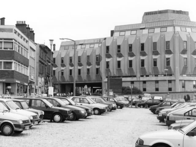Cars parked in Sheffield city centre, near the 'Egg Box' Town Hall extension, in September 1988