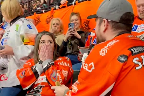 Over 9,000 people at a Sheffield Steelers game at the Utilita Arena cheered as Callum Johnson popped the question to Jessica Wilkinson, the girl he met in a queue at a home game a year and a half before.