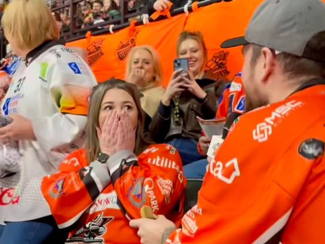 Over 9,000 people at a Sheffield Steelers game at the Utilita Arena cheered as Callum Johnson popped the question to Jessica Wilkinson, the girl he met in a queue at a home game a year and a half before.