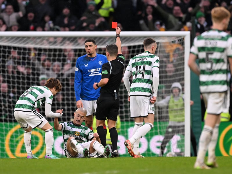Celtic edged out 10-man Rangers despite a nervy finale to reassert their authority at the top of the Premiership, ending their rivals 16-game unbeaten run under Philippe Clement. Goals from Paolo Bernardo and Kyogo Furuhashi had the Hoops in cruise control before Leon Balogun was sent off and Gers captain James Tavernier set up a tense finish with a stunning free-kick.
