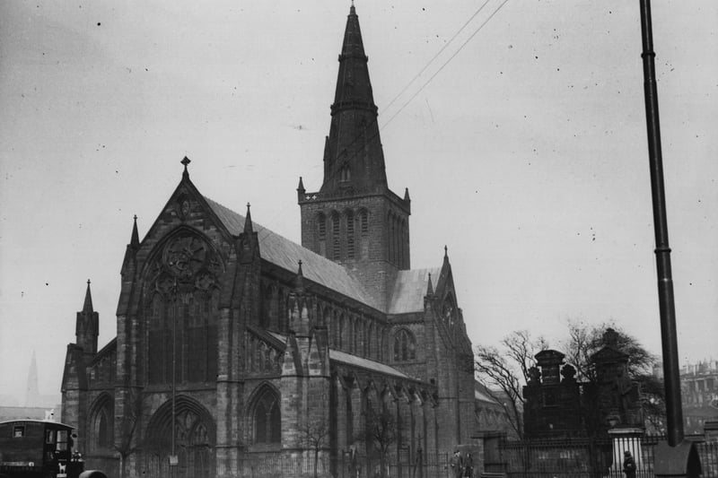 The Cathedral, which is dedicated to St Mungo, dates from the 12th and 13th century and is the most complete medieval church on the Scottish mainland. The building's spire was added 200 years later and much of its ornamentation was removed during the Reformation. The western towers were removed during the 19th century with it being photographed here in April 1935. 