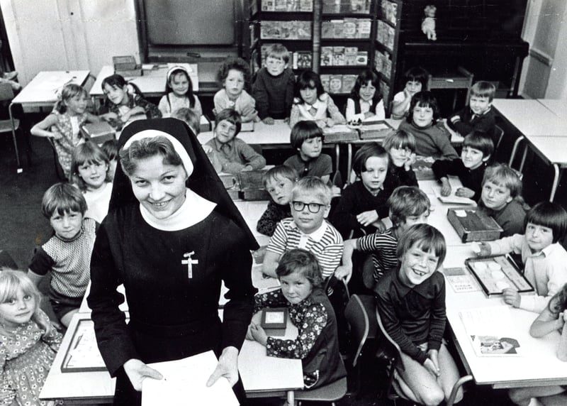 Sister Nativity and her class at St Patrick's RC Junior and Infants School, Sheffield Lane Top, in July 1973