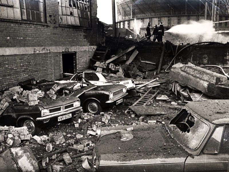 Wrecked cars after an explosion at the Effingham Street gas works, Sheffield, in October 1973
