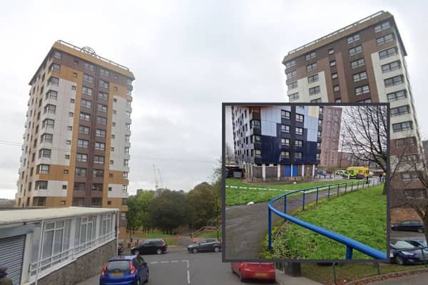 The high-rise apartment blocks in Upperthorpe, Sheffield, from which a woman tragically fell to her death in July 2022, and, inset, a police cordon after another woman was found dead at the foot of a tower block in Netherthorpe, Sheffield, in December 2023